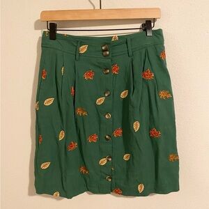 Kiel James Patrick 4 Green Leaf Embroidered Skirt Button Front Autumn Preppy